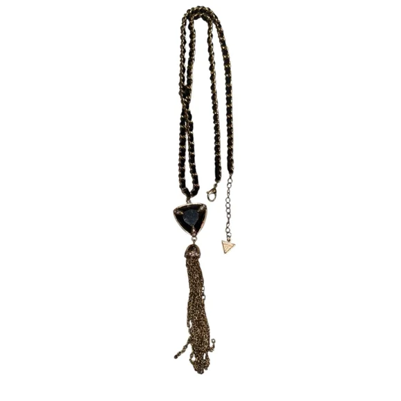 Guess Black & Gold Triangle Pendant Tassel Necklace, One Size